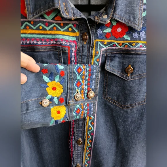Vintage Collection Colorful Embroidered Denim Shirt Dress W/Pockets_XL - Picture 2 of 7